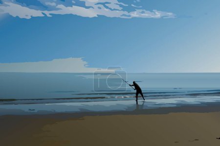 Téléchargez les photos : Illustration d'art numérique généré par l'IA d'un pêcheur à la plage - en image libre de droit