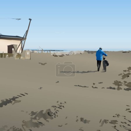 Téléchargez les photos : Illustration d'art numérique généré par l'IA de l'homme avec vélo à la plage - en image libre de droit