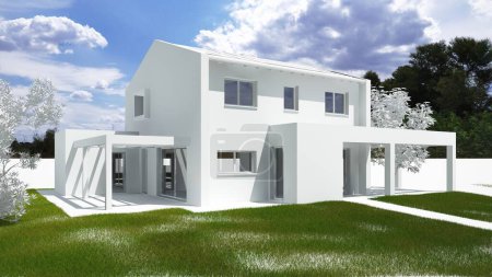 Modelado 3D de un edificio residencial totalmente blanco con césped y cielo colorido