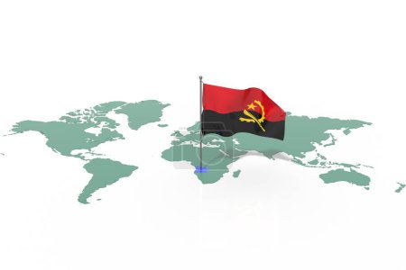 Earth map with highlighted country Angola and flag flying in the wind