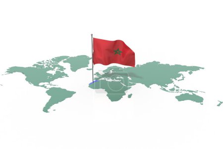 Earth map with highlighted country Morocco and flag flying in the wind