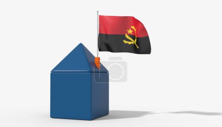 3D house with Angola flag blowing in the wind on the roof