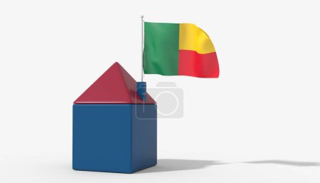 3D house with Benin flag blowing in the wind on the roof