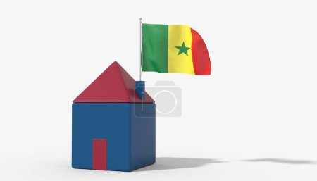 Casa 3D con bandera de Senegal soplando en el viento en el techo