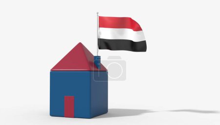 3D house with Yemen flag blowing in the wind on the roof
