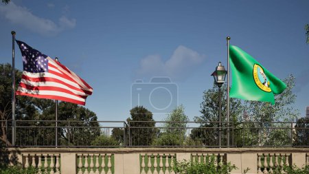 Modelado 3D de balcón histórico con banderas de EE.UU. y Washington soplando en el viento