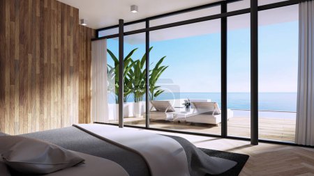 Photo for Luxury pool villa bedroom sea view on beach - 3D rendering - Royalty Free Image