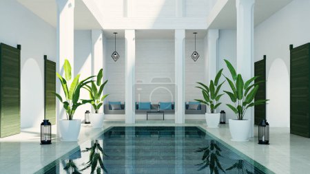 Modern luxury riad living room garden and swimming pool in courtyard, morocco style - 3D render
