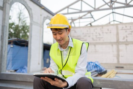 Photo for Happy Asian smiling in engineering uniform at construction site while holding a tablet. Young professional foreman working on structure building at workplace - with copy space - Royalty Free Image