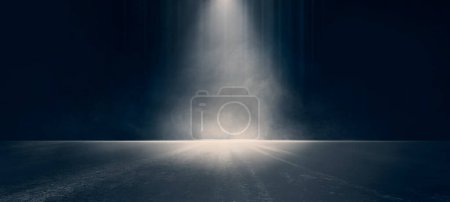 The dark stage shows, dark blue background, an empty dark scene, neon light, and spotlights The concrete floor and studio room with smoke float up the interior texture for display products