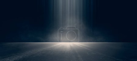 Photo for The dark stage shows, dark blue background, an empty dark scene, neon light, and spotlights The concrete floor and studio room with smoke float up the interior texture for display products - Royalty Free Image