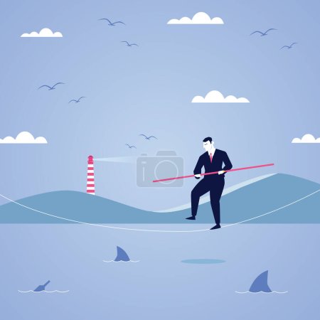 Illustration for Man Business Character walking on the Rope with Shark on the Bottom with Land and Lighthouse - Royalty Free Image