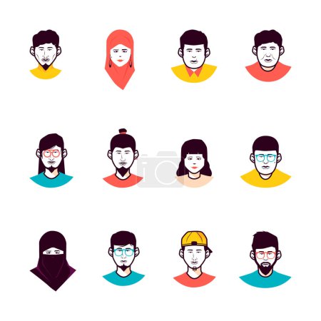 Téléchargez les illustrations : Avatar minimaliste avec couleur rétro dans la diversité avec l'homme et la femme portant le hijab - en licence libre de droit