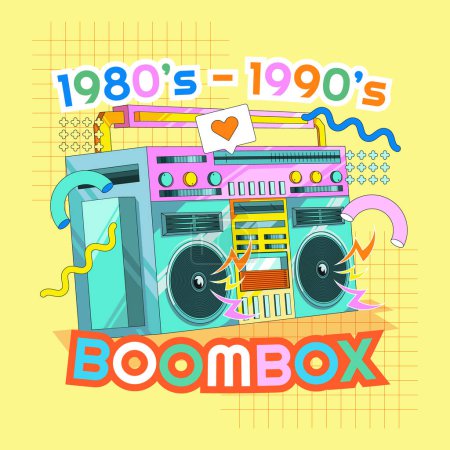 80's 90's Boombox Cartoon Illustration with Colorful Style and Memphis Geometric Objects Background