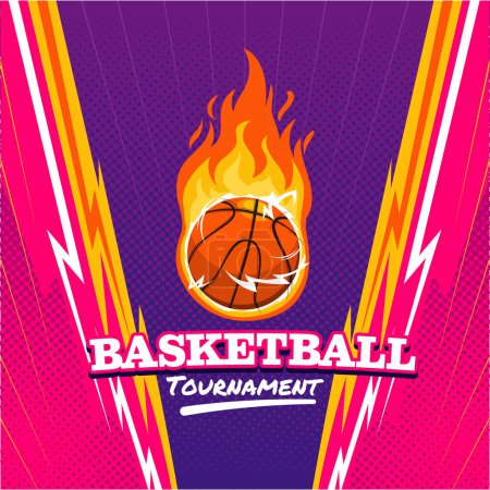 Téléchargez les illustrations : Résumé Comic Basketball sur fond de tournoi de feu avec coloré 90 's Style et Thunder Illustration - en licence libre de droit