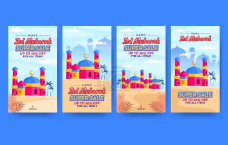 Illustration for Ied Al Fitr Mubarak Moslem Festive with Colorful Mosque at the Desert Super Sale Discount Social Media Story - Royalty Free Image