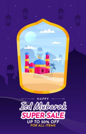 Illustration for Ied Al Fitr Mubarak Moslem Festive with Colorful Mosque at the Desert Night Super Sale Discount - Royalty Free Image