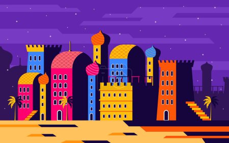 Téléchargez les illustrations : Paysage urbain nocturne arabe Bâtiment traditionnel avec un fond plat minimaliste Illustration - en licence libre de droit