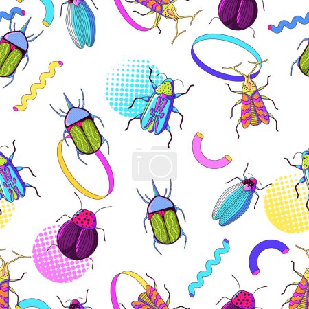 Ilustración de Bug insectos dibujado a mano patrón sin costuras con audaces colores de fantasía fluorescente - Imagen libre de derechos