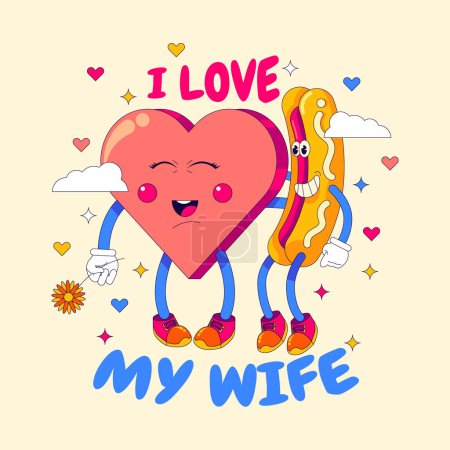 Téléchargez les illustrations : Cœur d'amour mignon et personnages Hot Dog avec "I Love My Wife" Mots avec 90 's Cartoon Style - en licence libre de droit