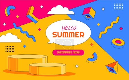Illustration for Hello Summer Podium Shop with 90's Colorful and Memphis Geometric Style Artsy - Royalty Free Image