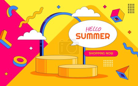 Téléchargez les illustrations : Hello Summer Podium Shop avec 90 's coloré et Memphis style géométrique Artsy - en licence libre de droit
