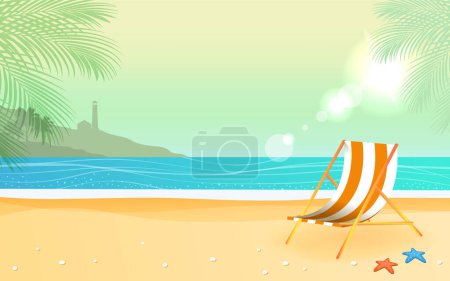 Téléchargez les illustrations : Fond d'été avec chaise de plage et vue panoramique sur la plage - en licence libre de droit