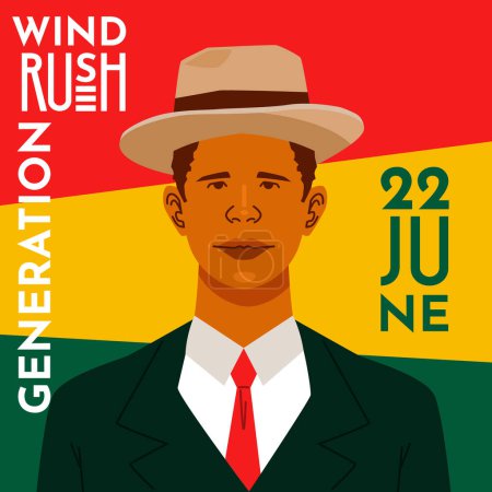 Illustration for Vintage Black Man Wearing Suit and Hat on Windrush Event with African Tribe Flag Colors 22 June - Royalty Free Image