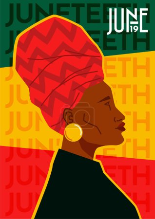 Téléchargez les illustrations : Chapeau de femme noire de beauté portant un chapeau de tribu africaine avec drapeau de couleurs africaines et arrière-plan Juneteenth - en licence libre de droit