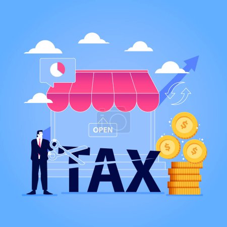 Photo for Minimalist Blue White and Pink Business Man Bringing Scissor Cut Tax for Tax Discount on Online Shop - Royalty Free Image