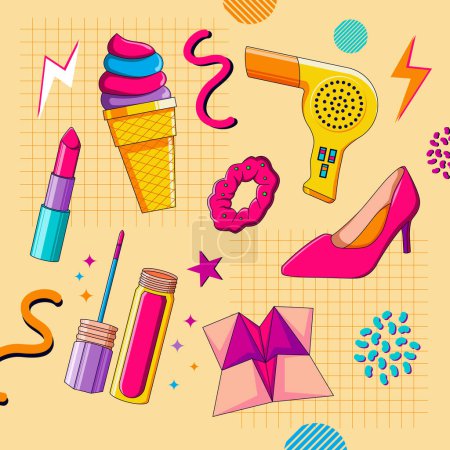 Illustration for 90's 80's Women Stuffs High Heels, Ice Cream, Hair Dryer, Lipstick, Lip Gloss, Hair Ribbon and Paper Play Origami with Colorful Memphis Background - Royalty Free Image