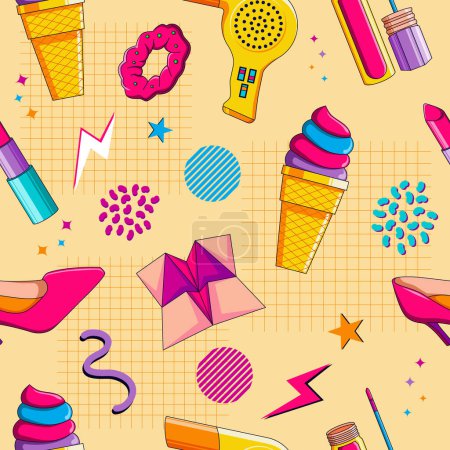 Illustration for 90's 80's Women Stuffs Seamless Pattern with Memphis and Colorful Style - Royalty Free Image