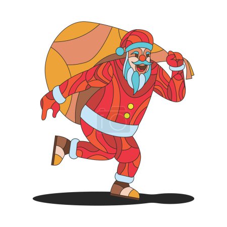 Illustration for Mosaic Glass Santa Claus Bring The Present Bag Character - Royalty Free Image