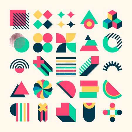 Téléchargez les illustrations : Pop Art forme esthétique géométrique avec ensemble de couleurs colorées Set Objects - en licence libre de droit