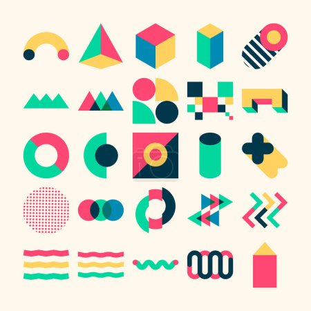Téléchargez les illustrations : Pop Art forme esthétique géométrique avec ensemble de couleurs colorées Set Objects - en licence libre de droit