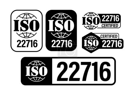 Téléchargez les illustrations : Bonnes pratiques de fabrication, certifié ISO 22716, icône vectorielle, couleur noire - en licence libre de droit