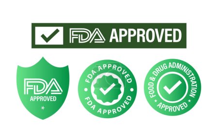 Téléchargez les illustrations : Approbation de l'administration des aliments et des médicaments, jeu d'icônes vectorielles approuvé par la FDA, couleur verte - en licence libre de droit