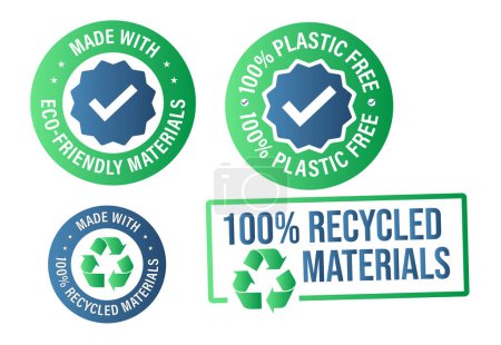 Téléchargez les illustrations : Matériaux recyclés abstraits, set d'icônes vectorielles : 100 % plastique, 100 % matériaux recyclés, couleur verte - en licence libre de droit