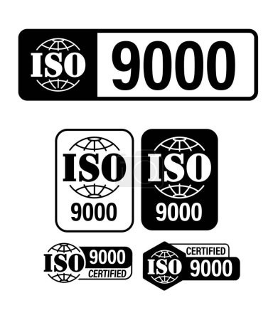 Ilustración de Certificado iso 9000, sistema de gestión de calidad certificado vector icono conjunto. - Imagen libre de derechos