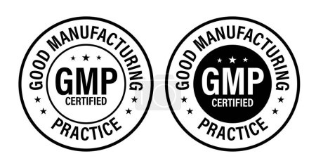 Ilustración de GMP certificado, buena práctica de fabricación icono vectorial, negro en color - Imagen libre de derechos
