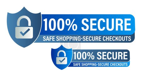100% seguro, seguro de compras seguro checkout icono de vector con bloqueo de la almohadilla y marca de garrapata, de color azul