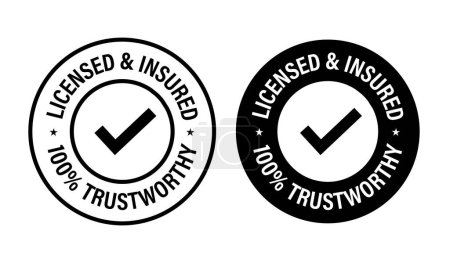 licensed and insured, 100% trustworthy vector logo with tick mark, black in color