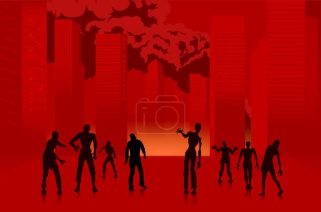 Ilustración de Grupo de zombies silueta de pie en la calle de la ciudad con edificio alto y humo en el fondo. Ilustración sobre el virus zombi infectar a la gente urbana. - Imagen libre de derechos