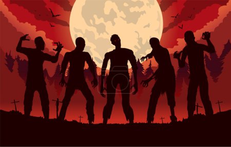 Ilustración de Grupo de zombis Sillouette de pie en el cementerio en una noche de luna llena. Ilustración de Noche de Halloween con el mal. - Imagen libre de derechos
