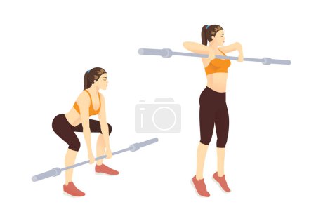 Téléchargez les illustrations : Femme sportive faisant de l'exercice Barbell en haltère High Pull pose by empty Barbell. Cible musculaire sur l'épaule, le dos, la hanche, le bras, la jambe avec équipement. - en licence libre de droit