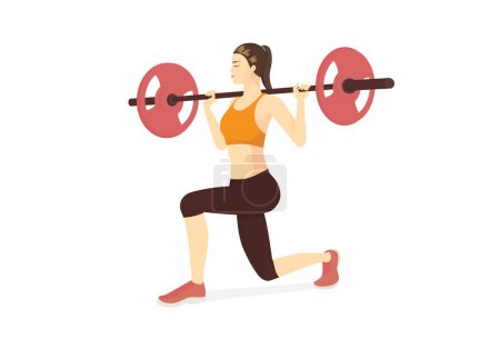 Ilustración de Mujer sana haciendo peso libre con levantamiento de pesas por el ejercicio Barbell. Ilustración de dibujos animados sobre entrenamiento con pesas por barra de pesas. - Imagen libre de derechos