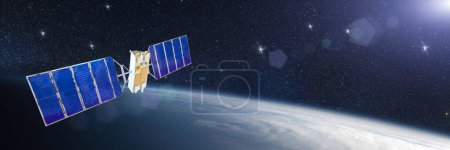 Foto de Vista panorámica del espacio abierto y la órbita terrestre con satélite de comunicación con paneles solares. Elementos de esta imagen proporcionados por la NASA - Imagen libre de derechos
