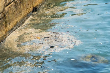 Müll und Schmutz im Küstenstreifen auf der Wasseroberfläche im Meer