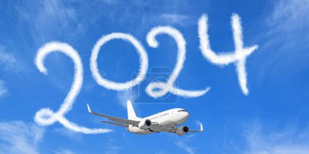 Happy New year 2024 on the background below cloudscape. Drawing by passenger airplane vapor contrail in sky. Concept of travel in the new year, holidays