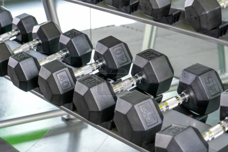 Rows of dumbbells weight in pounds in the gym of modern dumbbells equipment in the sport.